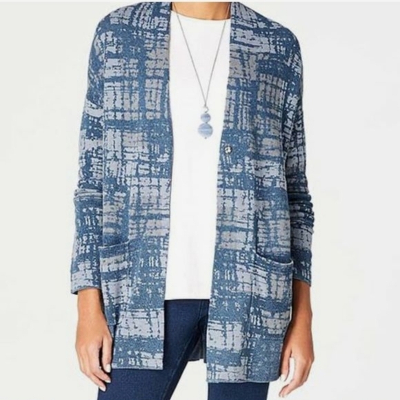 J Jill Indigo Open Knit Cardigan Womens Large Blue Cream Crosshatch Pockets - Picture 1 of 11